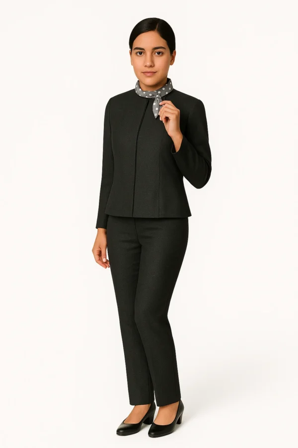 Femme professionnelle en tailleur gris foncé avec écharpe à pois – uniforme réception hôtelière