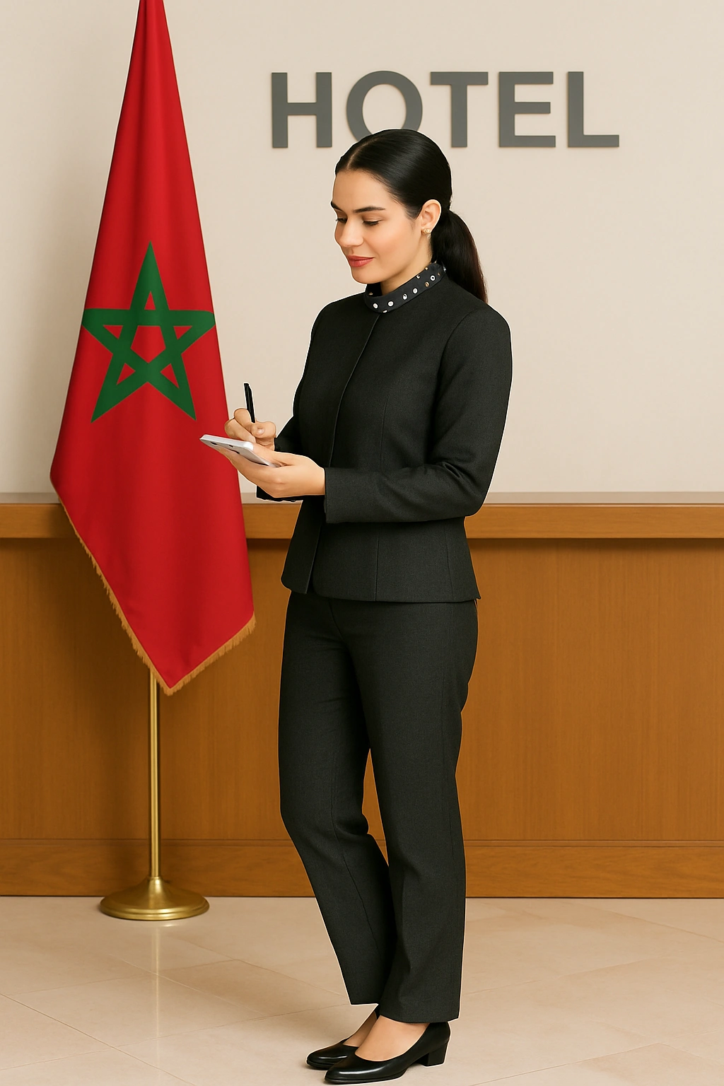 Femme professionnelle en tailleur gris foncé avec écharpe à pois – uniforme réception hôtelière