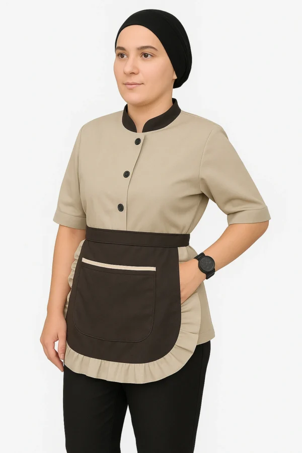 Blouse beige avec col noir et tablier chocolat intégré pour femme de chambre – uniforme professionnel