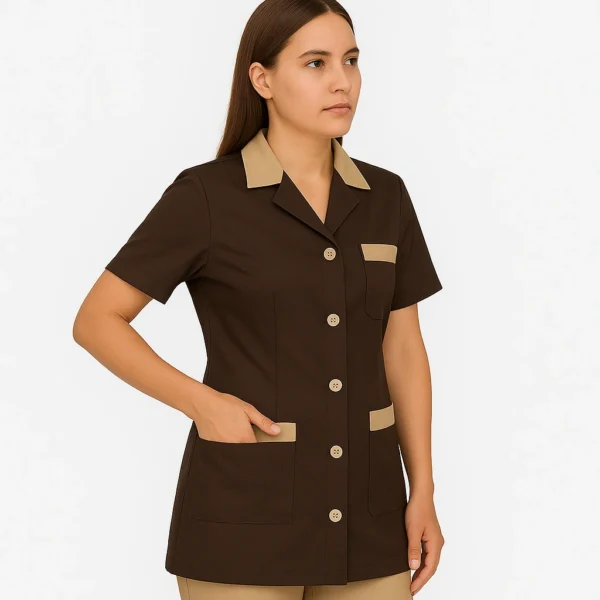 "Blouse professionnelle marron pour femme de chambre – uniforme élégant pour hôtellerie au Maroc"