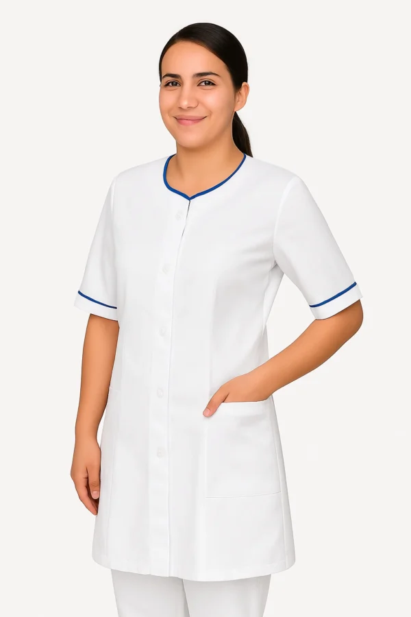 Blouse blanche à détails bleus pour personnel hôtelier – style moderne marocain