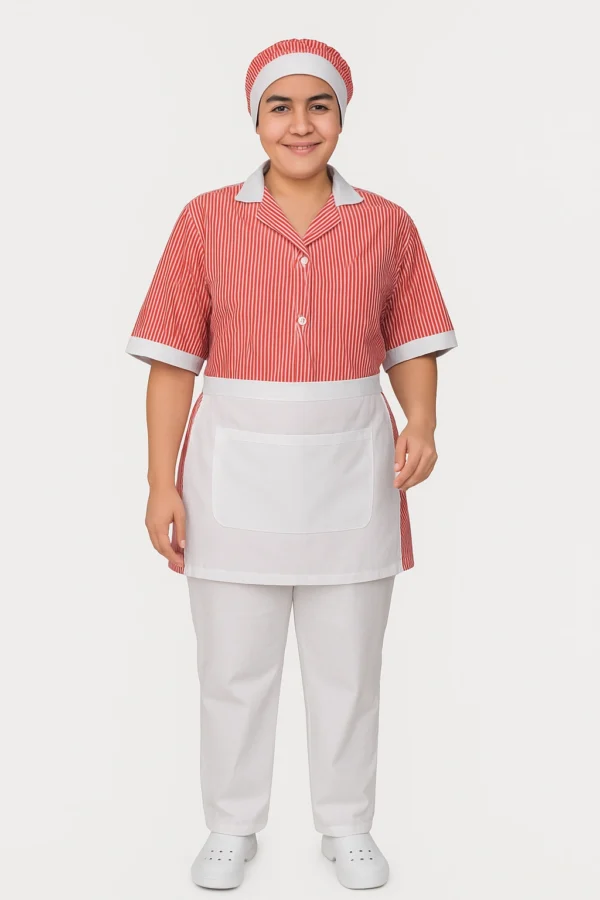 "Tenue professionnelle femme de chambre à rayures rouges et blanches"