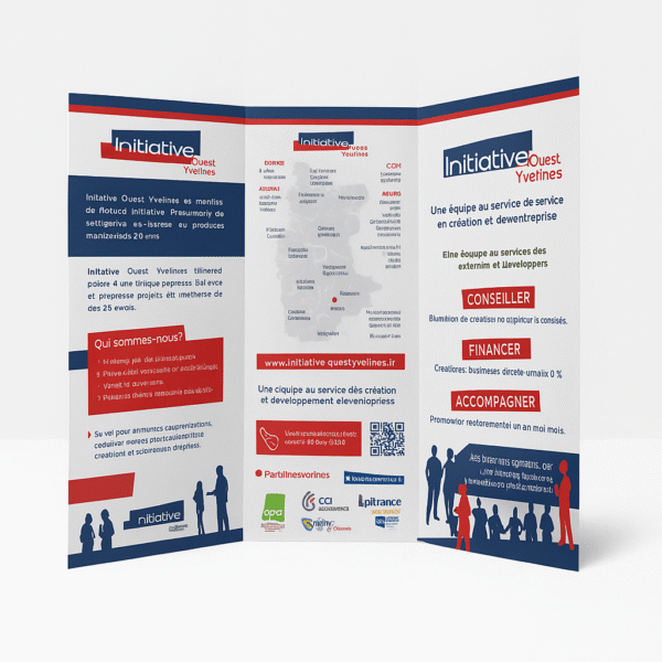 Dépliant publicitaire plié en trois volets, posé sur fond blanc, présentant du contenu informatif et promotionnel destiné à la communication d’entreprise ou institutionnelle.