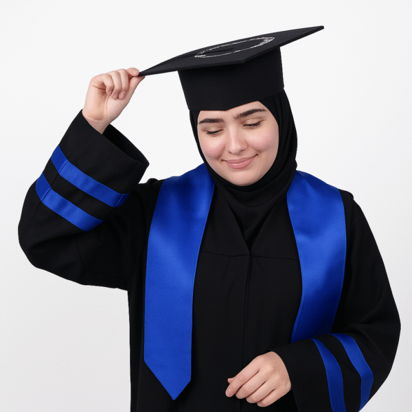 Tenue de graduation complète pour femme, comprenant toge noire, écharpe personnalisée rouge avec broderies, et toque académique avec pompon.