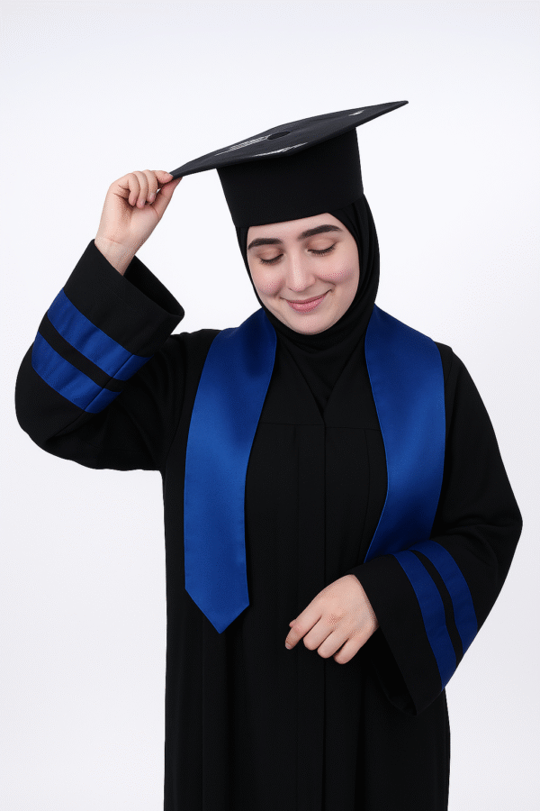 Tenue de graduation complète pour femme, comprenant toge noire, écharpe personnalisée rouge avec broderies, et toque académique avec pompon.