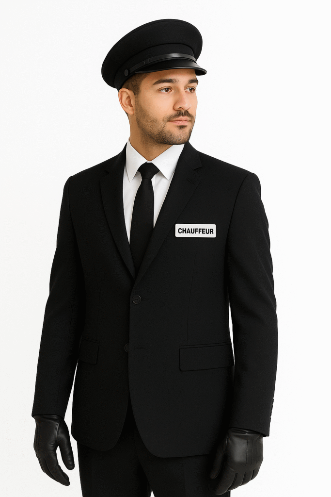 Uniforme professionnel de chauffeur homme, composé d’un costume noir élégant avec badge "DRIVER", cravate noire, gants blancs et porte-documents, présenté sur fond blanc.