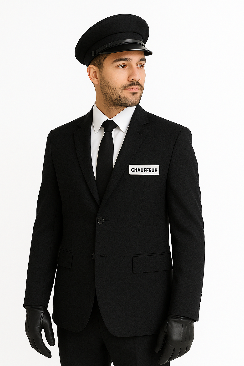 Uniforme professionnel de chauffeur homme, composé d’un costume noir élégant avec badge "DRIVER", cravate noire, gants blancs et porte-documents, présenté sur fond blanc.