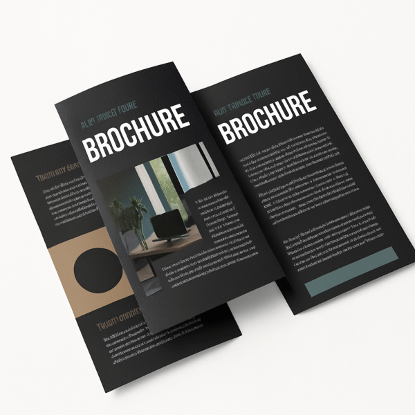 Brochure professionnel plié en trois volets sur fond blanc – design personnalisé